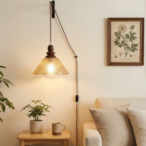 Natural Wood & Glass Plug-In Pendant