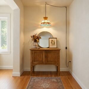 Floral Stained Glass & Brass Plug-In Swag Pendant